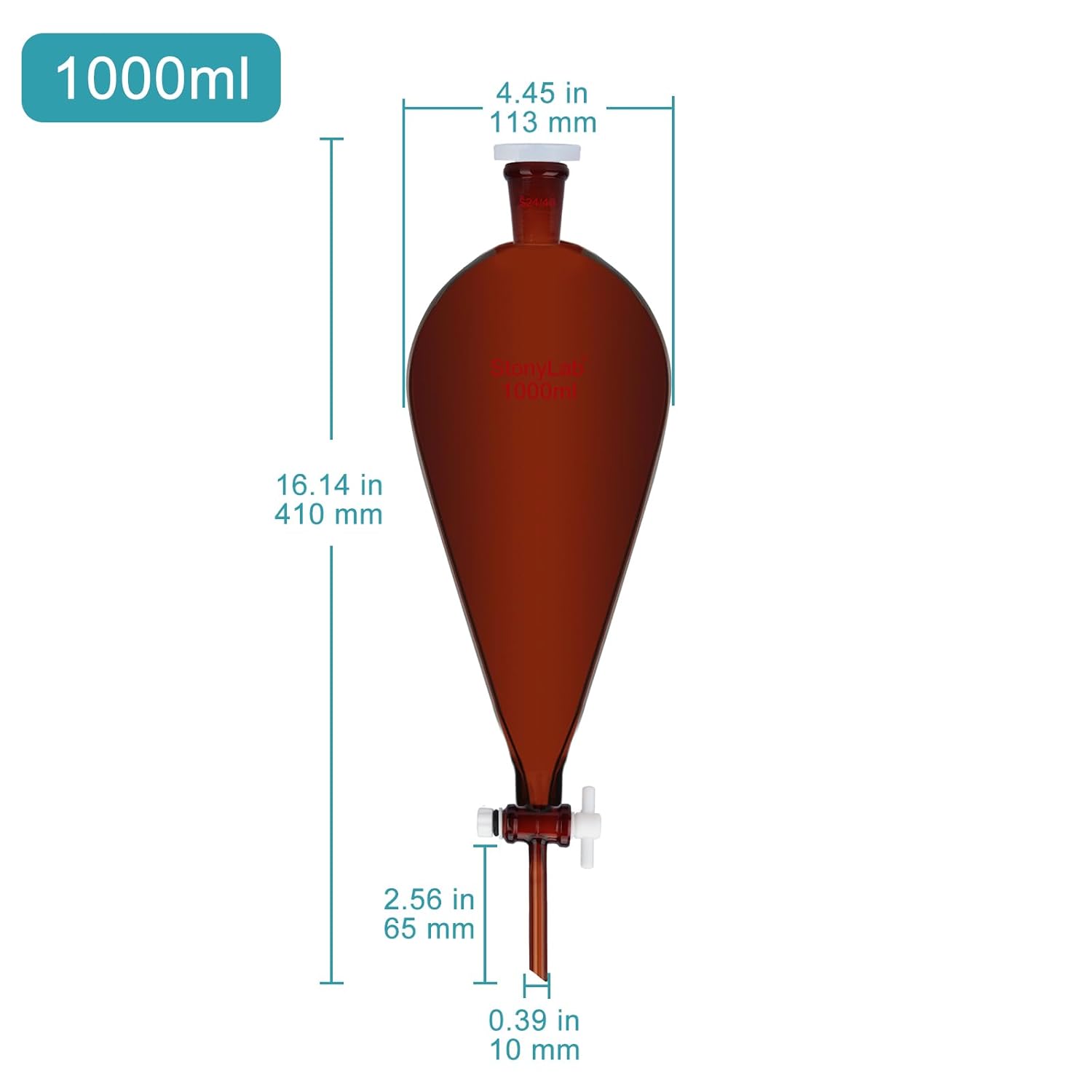 stonylab Brown Separatory Funnel, Thick Walled Conical Shape, 24/40 Ground Joint, PTFE Stopcock Valve, Borosilicate Glass, Chemical Resistant, Ideal for Liquid Extraction and Fractionation, 1000 ml