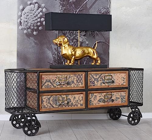PALAZZO INT Tischlampe „Villa Dachshund“ – Dackel Lampe in Gold mit Stoffschirm | Design-Tischleuchte mit Hundefigur | Handbemalt | E27-Fassung max. 60W | 60 cm breit