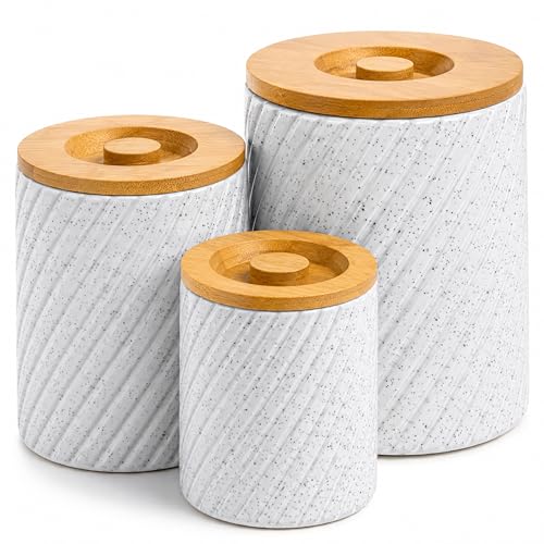 Gennua Kitchen Ceramic Canister Set for Kitchen Countertop & Pantry – 3 Airtight Food Storage Containers for Flour, Sugar & More – Durable White Ceramic with Bamboo Lids