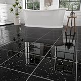 30-Pack 30 Sq.Ft Peel and Stick Floor Tiles Vinyl Glossy Pattern Flooring, 12” x 12” Self Adhesive Vinyl Flooring DIY for Kitchen, Bathroom, Laundry, Polish Black Galaxy Marble