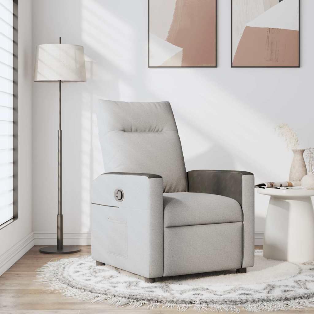 Fotel relaksacyjny w kolorze szarego materiału z ręczną funkcją leżenia, ergonomiczne oparcie, miękka tapicerka, podłokietniki, podnóżek, drewniana rama metalowa do salonu, biura, czytania