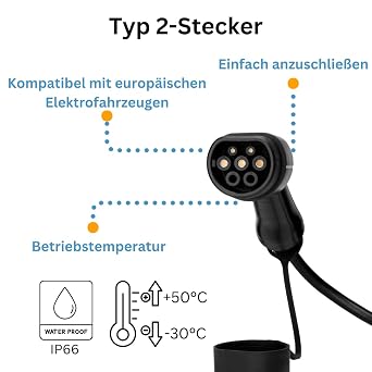 Replacement Cable Type 2 for EV Charging Station, 8 m, 32 A, Phase 3, 22 kW, Compatible with Wallbox, CE and TUV Certified