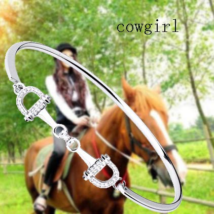 Feelmem Horse Snaffle Bit Plated Cubic Zirconia Crystal Easy Hook Clasp Charm Bangle Bracelet Equestrian Jewelry Good Luck Gift For Horse Lover Girl Woman Teen (Silver) #TOP5
