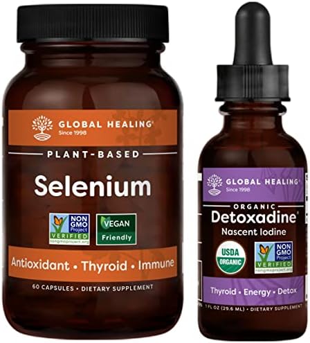 Global Healing Detoxadine and Selenium Kit - Organic Nascent Liquid Iodine Supplement Drops & Vegan Antioxidant for Thyroid Support & Normal Immune System Health - Women & Men - 1 Fl Oz & 60 Capsules