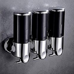 Dispensadores De Shampoo Y Acondicionador Triple 3 Manual Ducha Dispensadors Mural Sin Taladrar, 3X 500ml Tres Shampoo y Acondicionador Champu Dispensador Jabon Pared para Baño Home Hotel T-Bar Metal Bomba 3 Apartados,Negro