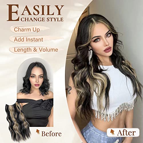 Vigorous Black Mixed Blonde Invisible Wire Hair Extensions With Transparent Headband Adjustable Size 4 Secure Clips Long Wavy Synthetic Wire Hairpiece For Women(20Inch, Black Mixed Blonde) #TOP2