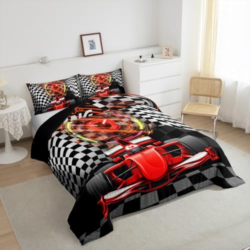 Image of Feelyou Kids Red Racing Car Comforter Set Queen Size, Extreme Sports Duvet Insert Karting Road Bedding Set Boys Girls Teens Bedroom Decor Bed Set 3Pcs