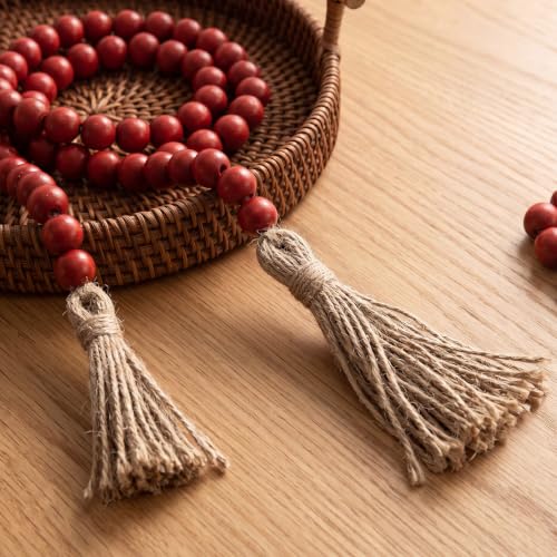 Image of Equsion Wooden Bead Garland with Tassels, Extra Long Fireplace Wood Bead Garlands Rustic Farmhouse Vintage Boho Beads Garland for Party Home Decor Tiered Tray Decorative Beads(Burgundy)