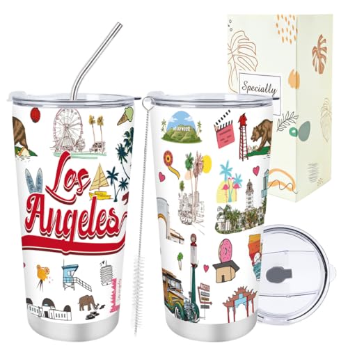 Keluna Los Angeles Souvenirs Gifts - 20Oz Stainless Steel Los Angeles Travel Mug with Lids Straw Brush Insulated, California City Travel Trip Birthday Christmas Mothers Day Gifts for Friend Family