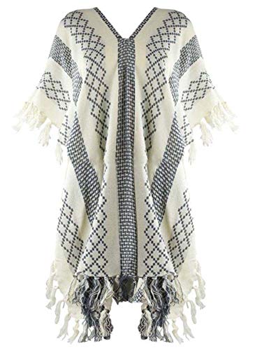 Luxury Divas Mixed Pattern Knit Poncho With Tassel Fringe