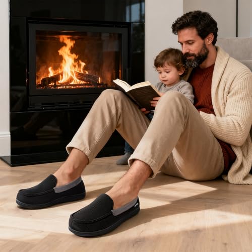 HomeTop Men's Comfort Memory Foam Moccasin Slippers, Breathable Cotton Knit Terry Cloth House Shoes for Indoor Outdoor (12 D(M) US, Black) - Thumbnail 2