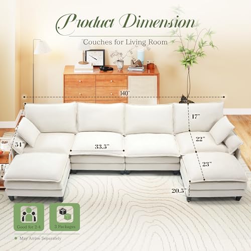Image of 140 inch U Shaped Modular Sectional Cloud Couch, Modern Sofa with Ottoman, 6-Seat Deep Seat Sofa with Pillows for Living Room, Bedroom and Apartment, Beige
