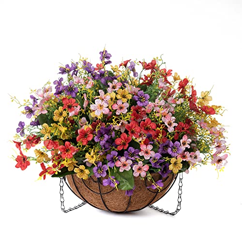 Artificial Flowers With Hanging Basket Planter For Home Decoration, Daisy Orchid Outdoor Indoor Garden Yard, Metal Coconut Lining Basket With Faux Plant, Mix Color #TOP1