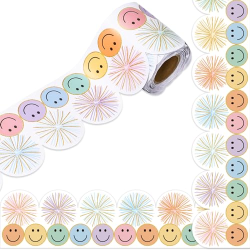 Image of Whaline 32.8 Ft Preppy Pastel Smile Face Bulletin Board Borders Colorful Firework Poms Scalloped Die-Cut Rolled Border Trim for Back to School Classroom Office Chalkboard Decoration