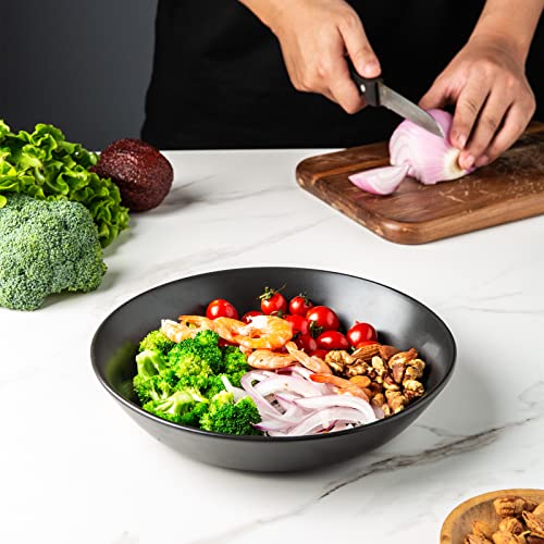 Amorarc 9.5'' Stoneware Pasta Bowls, 38Oz Large Wide Salad Serving Bowls Set Of 4 For Pasta Salad Snacks Bread Meal, Microwave Safe Flat Bowls For Kitchen, Matte Black #TOP4