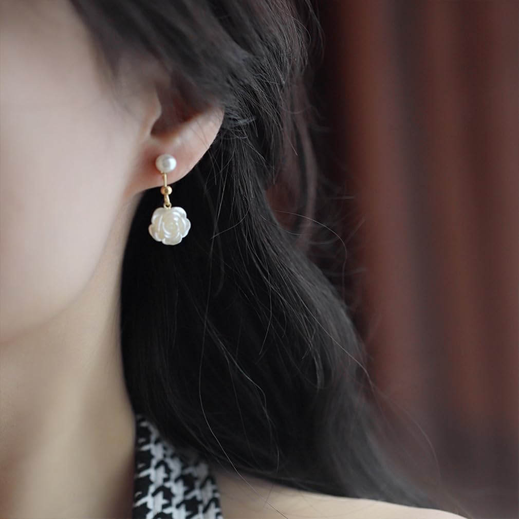 White Pearls Flowers Dangle Earrings for Women Fashion Gold Floral Dangling Earrings Cute Camellia Rose Wedding Prom Statement Jewelry Gifts - Image 2