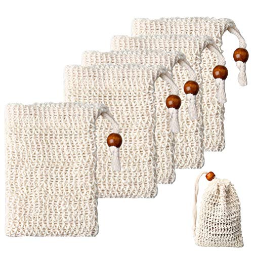 5 PCS Sisal Soap Bag with Drawstring Natural Soap Saver Pouch for Shower Bath