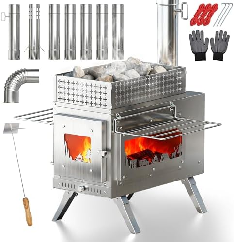 PYY Sauna Wood Stove - Upgraded Side-Window Sauna Stove Wood Burning For Outdoor, 2-In-1 Foldable Portable Sauna Stoves For Camping Tent, Dual Damper, Chimney Pipes, Stone Basket, For Sauna, Cooking