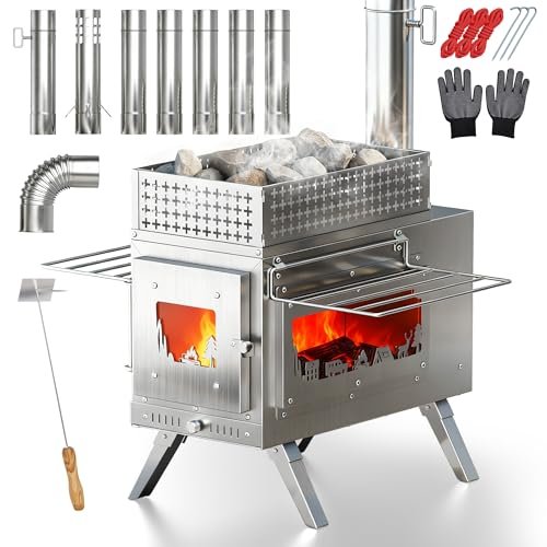 PYY Sauna Wood Stove - Upgraded Side-Window Sauna Stove Wood Burning For Outdoor, 2-In-1 Foldable Portable Sauna Stoves For Camping Tent, Dual Damper, Chimney Pipes, Stone Basket, For Sauna, Cooking