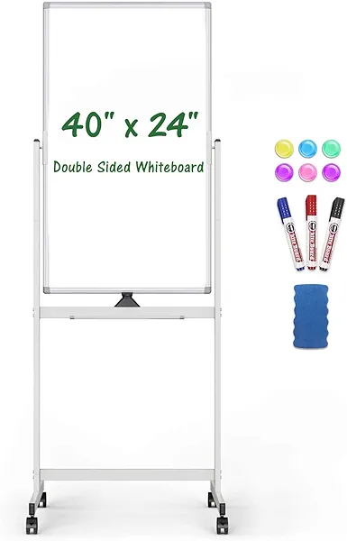 Rolling Whiteboard, 40" x 24" Magnetic Mobile White Board, Double Sided Dry Erase Board with Stand, Standing Whiteboard Easel on Wheels for Home School, Office and Classroom