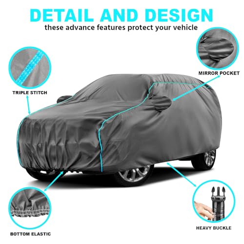 Image of Water-Resistant Dustproof Car Cover for Maruti Fronx - Mirror Pocket, UV Protection, Scratch Guard, Buckle Belt, Front & Back Bottom Elastic with Aqua Blue Piping - Grey
