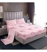 Erosebridal Pink White Bow Tie Twin Bed Sheets Set,Cute Bowtie Princess Bedding Set for Girls Kid...