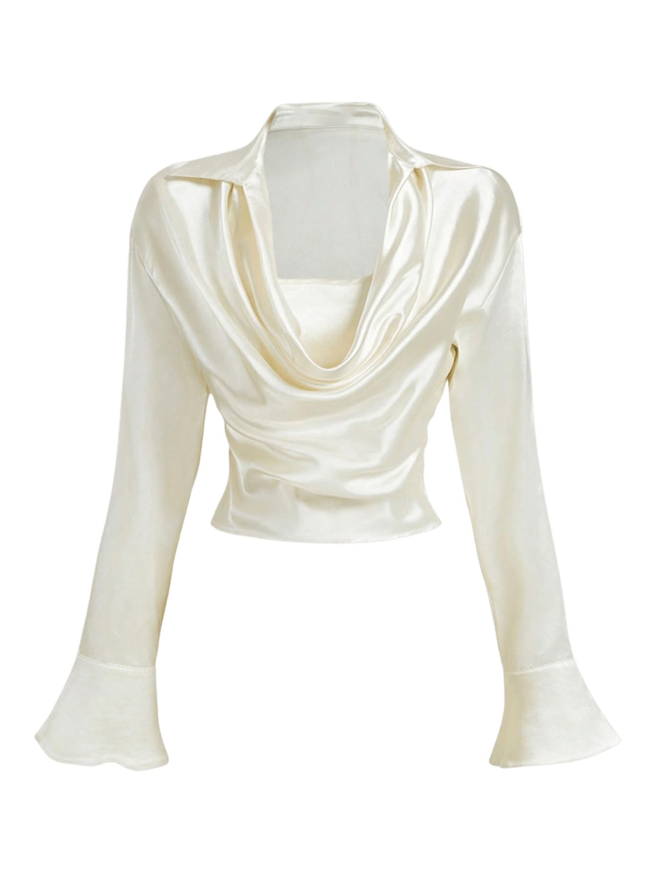 MakeMeChic Women's Draped Front Flared Sleeve Tie Back Collared Slik Blouse Shirt Elegant Tops