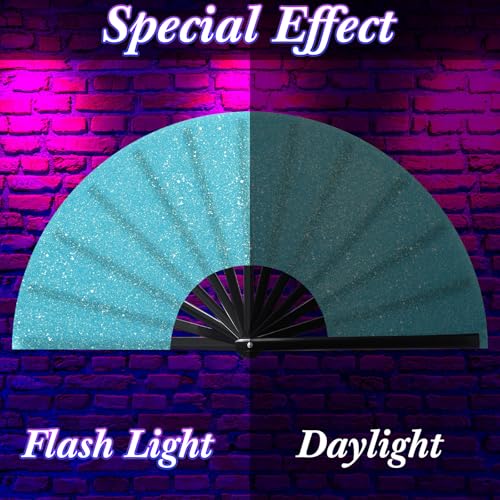 Image of Vercraft 13'' Large Rave Fan for Women Rave Accessories Festival Outfits Glitter Hand Folding Clack Fan for Line Dancing EDM Music Festival Outfits(Sky Blue)