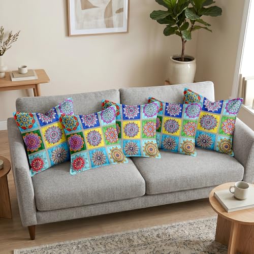 Image of Divine Casa Set of 5 Decorative Cushion Covers 16x16 Inches | Mandala Print Polyester Cushion Covers with Lace Border | Multicolor Sofa Cushion Covers for Home Decor | Multi Yellow