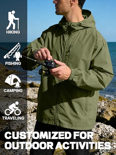 UIQUR Men's Cycling Jacket Rain Jacket Waterproof Windbreaker Raincoat Running Hiking Gear Hood Lightweight Packable Army Green L