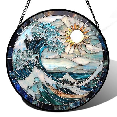 JOSUMALY Stained Glass Window Hanging - White Sun Big Wave
