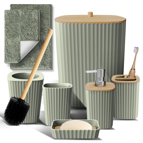 Clara Clark Bathroom Set - Sage Green Bathroom Accessories Set, 6PC Bathroom Accessory Set, Bathroom Sets with Bathroom Rugs, Toilet Brush, Trash Can & Soap Dispenser by Clara Clark - Used condition - US$42.52