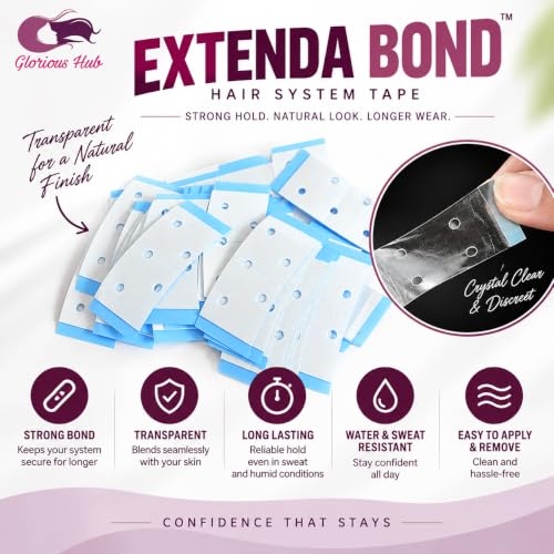 Image of Extenda Bond Hair System Tape Tabs | 36 Pre-Cut Double-Sided Adhesive Strips | Strong Hold for Lace, Poly, Mono & Hybrid Patches | Professional Hair Replacement Tape |