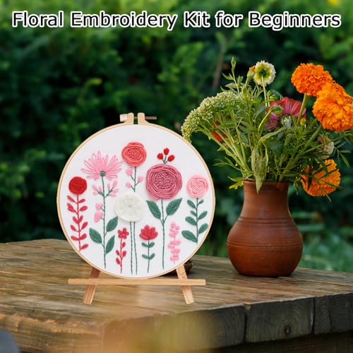 Image of Nuberlic Embroidery Kit for Beginners -Floral Easy Embroidery Kits for Adults Starter Cross Stitch Kit DIY Needlepoint with Step-by-Step Instruction