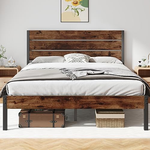 Queen Bed Frame with Headboard and Footboard, with Under Bed Storage, All-Metal Support System, No Box Spring Needed, Easy Assembly,Rustic Brown