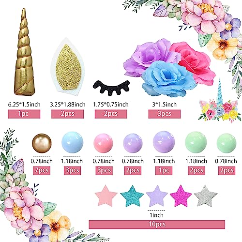 38 PCS Unicorn Cake Topper, Unicorn Flower Cake Decorations with Flowers Balls Stars Unicorn Happy Birthday Cake Decorations for Boys Girls Kids Birthday Party Baby Shower Supplies (Flower) - Thumbnail 2