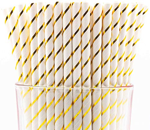 Pack of 150 Gold Foil Stripes Biodegradable 4-Ply Paper Drinking Straws (Compostable, Non-toxic, BPA-free)