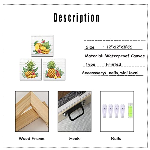 Tiuauit Tropical Pineapple Decor Framed Wall Art Fruits Painting Prints On Canvas Kitchen Wall Decor Easy To Hang 12"X12"X3Pcs #TOP4