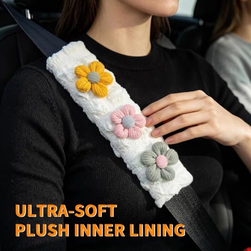 Image of Cute Pink Flower Seat Belt Cover Pads for Women Girls - Soft Plush Seatbelt Cushion, Fun Car Accessories (2, Woolen Flower White Seersucker Pad)