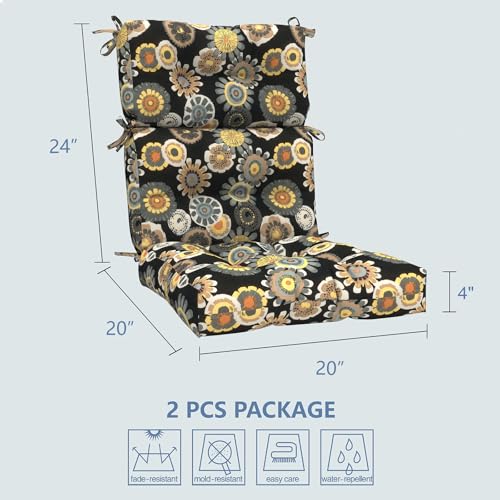 LVTXIII Outdoor High Back Chair Cushions 2 Pack, 44"x20"x4" Outdoor Patio Cushion Set with Ties, All Weather Thick Tufted Seat Cushions for Deep Seat & Rocking Chairs, Black Yellow Crosby by LVTXIII - Used condition - Image 3