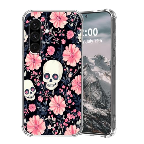 SFJAXYOV for Samsung Galaxy A26 5G Case, Cute Skulls with Pink Flowers Slim Fit Phone Case, Shockproof Cover for Samsung Galaxy A26 5G 6.7"