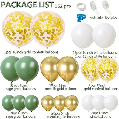 Sage Green Balloon Garland Arch Kit,152Pcs Olive Green Balloons Arch Set with White Latex Balloon Gold Metallic Latex Ballon for Boys Girls Baby Shower,Birthday Party,Jungle Safari Party Decoration
