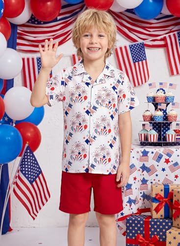 Dolxico Toddler Baby Boy Outfits Summer Clothes Kids Print Pattern Short Sleeve Button Down Shirt & Elastic Waist Casual Beach Shorts Set with Pockets 3-4T Red Balloons — view 2