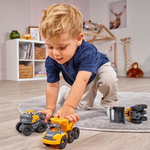 Dickie Toys Volvo Construction Set (je 16 cm) - 3 Baustellenfahrzeuge für Kinder mit Bagger Spielzeug, Radlader & Kipplaster, mit Freilauf ab 3 Jahren - 203722015