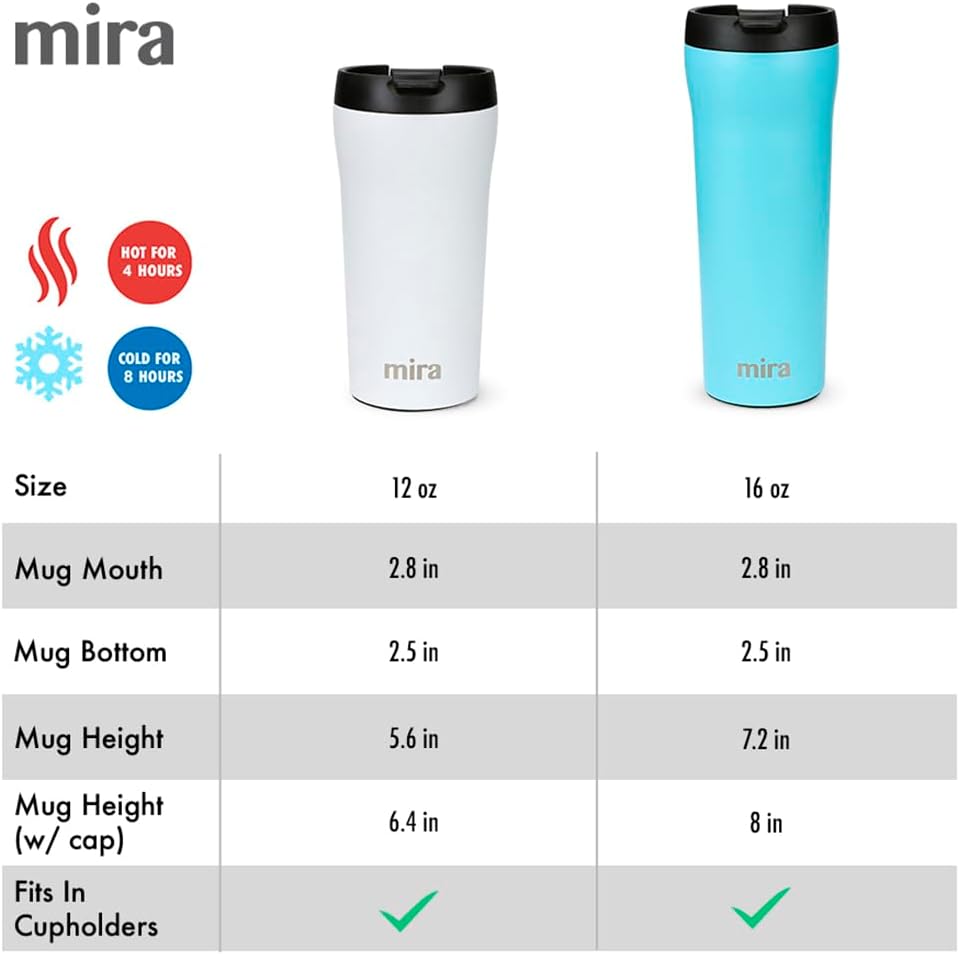 MIRA 12 oz Coffee Travel Mug - Stainless Steel Insulated Tumbler with Leak-Proof Lid - Hot & Cold Cup - Black - Image 3