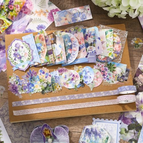 Image of WEMOL Vintage Journal Scrapbook Pack Kit for Art Journaling Bullet, Planners DIY Paper Stickers, Craft Kits Notebook, Collage Album Aesthetic Sticker (Purple Flower)