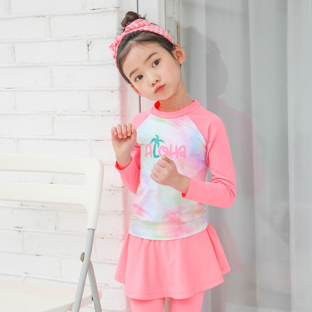 ROROCAHT Toddler & Little Girls Long Sleeve Rash Guard Swim Set with Skirted Bottom, UPF 50+, Pink Tie Dye Two-Piece Swimsuit