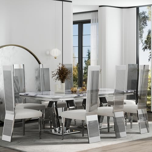 Asday Dining Table Set for 8, 78" Modern Silver Table Set with Mirrored Stainless Steel Diamond-Shaped Base, 9-Piece Dining Room Table and White Chrome Upholstered High Back Chairs Set of 8