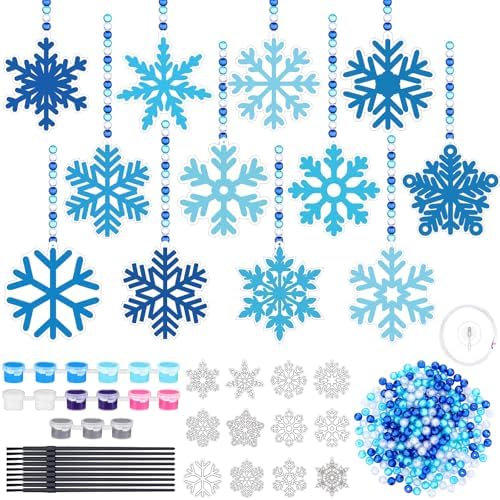 36 Sets Winter Snowflake Suncatcher Crafts Kits Christmas Snowflake Sun catcher Ornaments Decorations for Kids Classroom DIY Craft Window Paint Art Hanging Snow Suncatchers for Xmas Party Favor Home