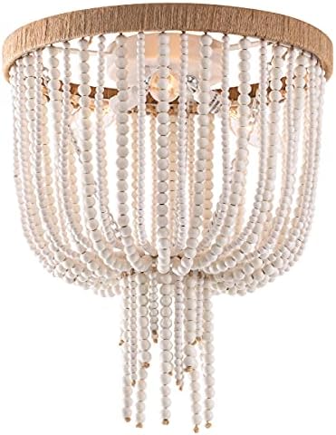 ELYCCUPA Wood Beaded Flush Mount Ceiling Light Bohemia Antique Rustic 3 Lights Mini Farmhouse Chandelier for Bedroom Kitchen Island Dining Living Room
